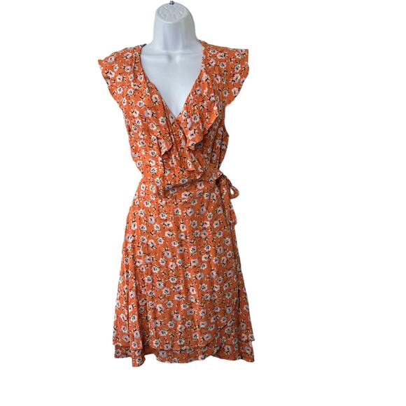 SANCTUARY Orange Side Tie Cap Sleeve V Neck Above The Knee Wrap Dress Medium - Picture 1 of 9